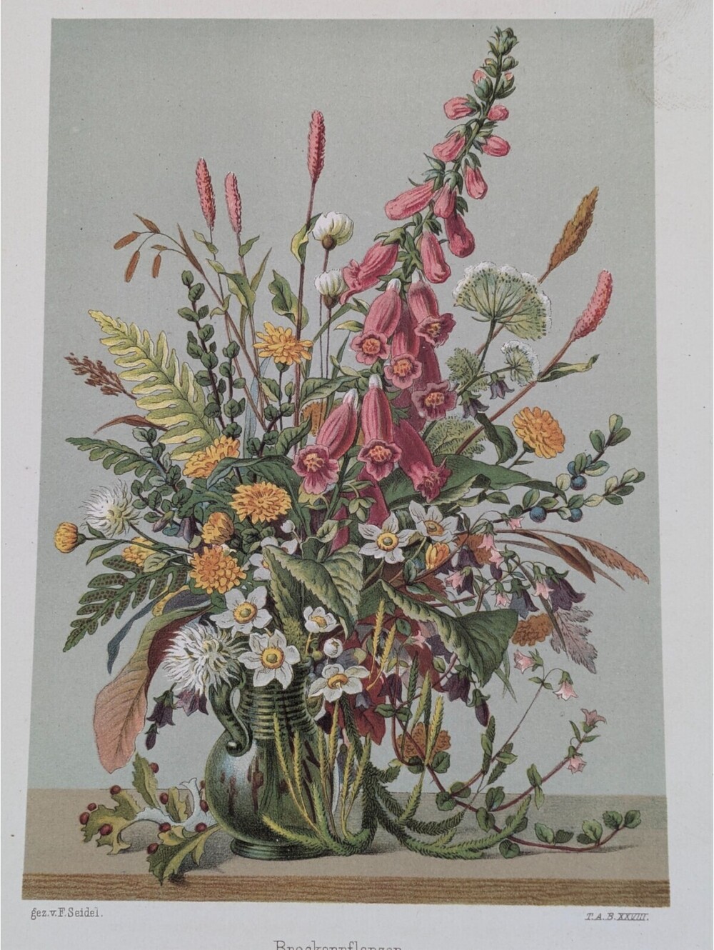 Antique Lithograph Print Flower Bouquet in Vase F. Seidel Botanical Art